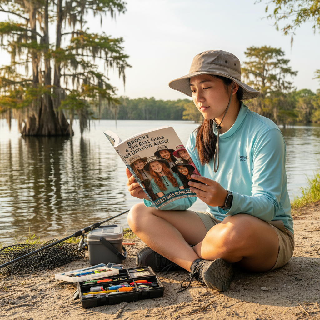 Girl reading her fishing book by a lake with fishing gear nearby 
ISBN:9798231462025