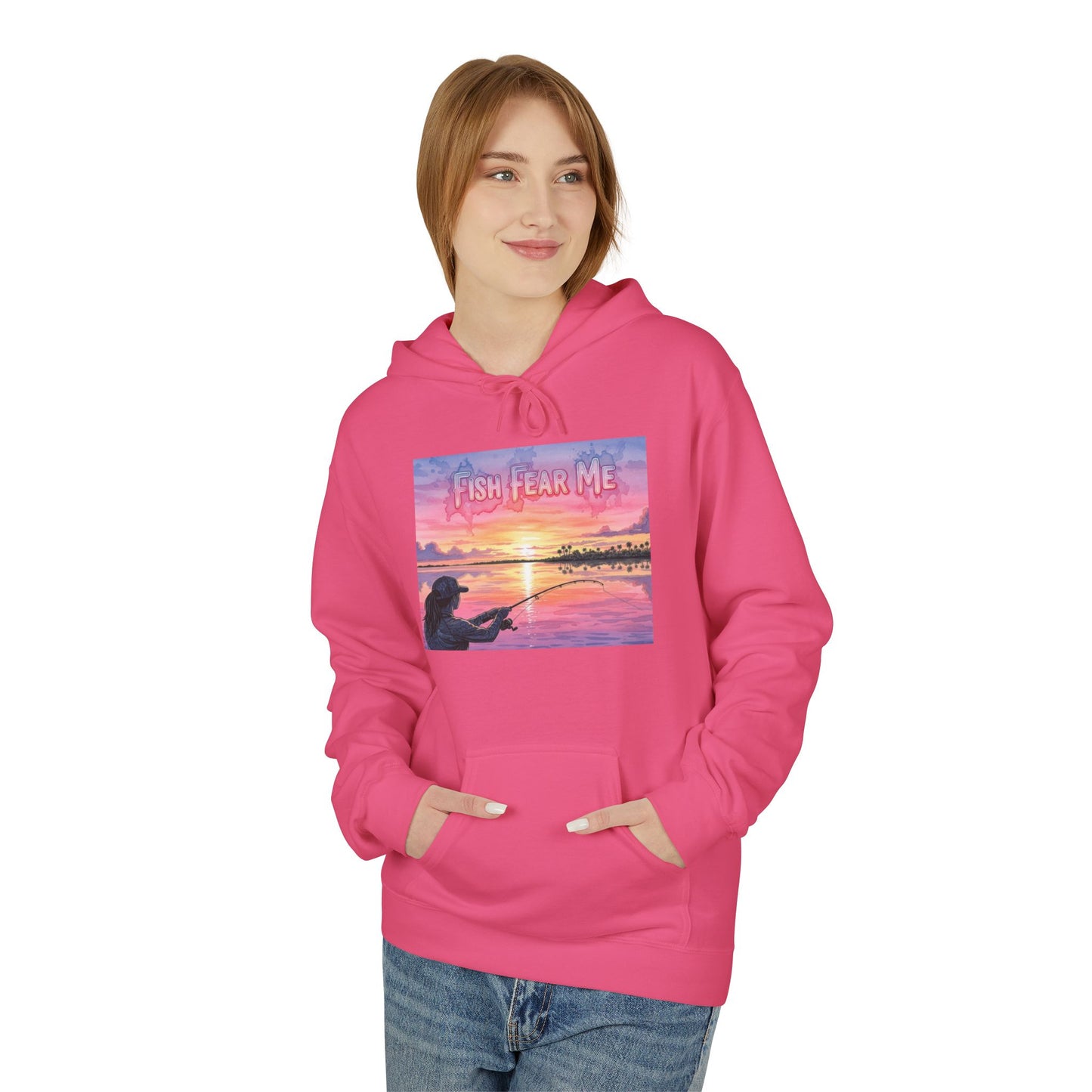 Person wearing a pink hoodie with a sunset and fishing design on a white background