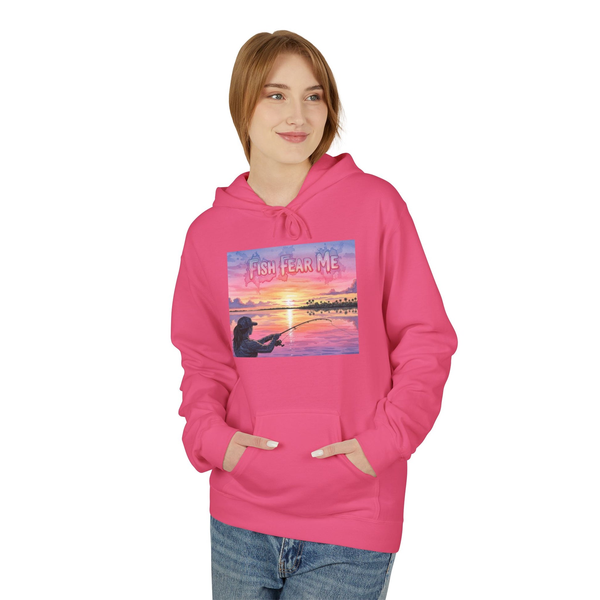 Person wearing a pink hoodie with a sunset and fishing design on a white background