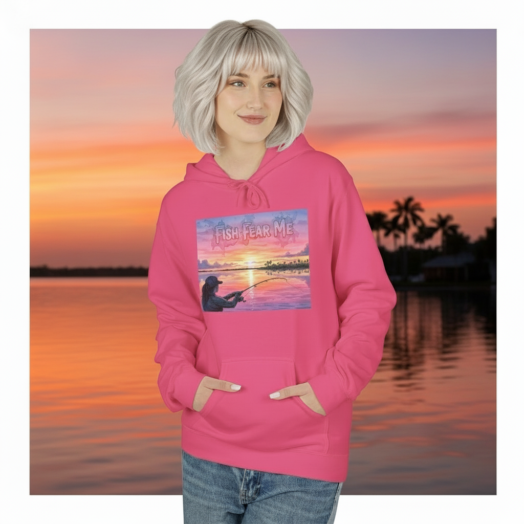 Person wearing a pink hoodie with a sunset and fishing design, standing in front of a lake at sunset.