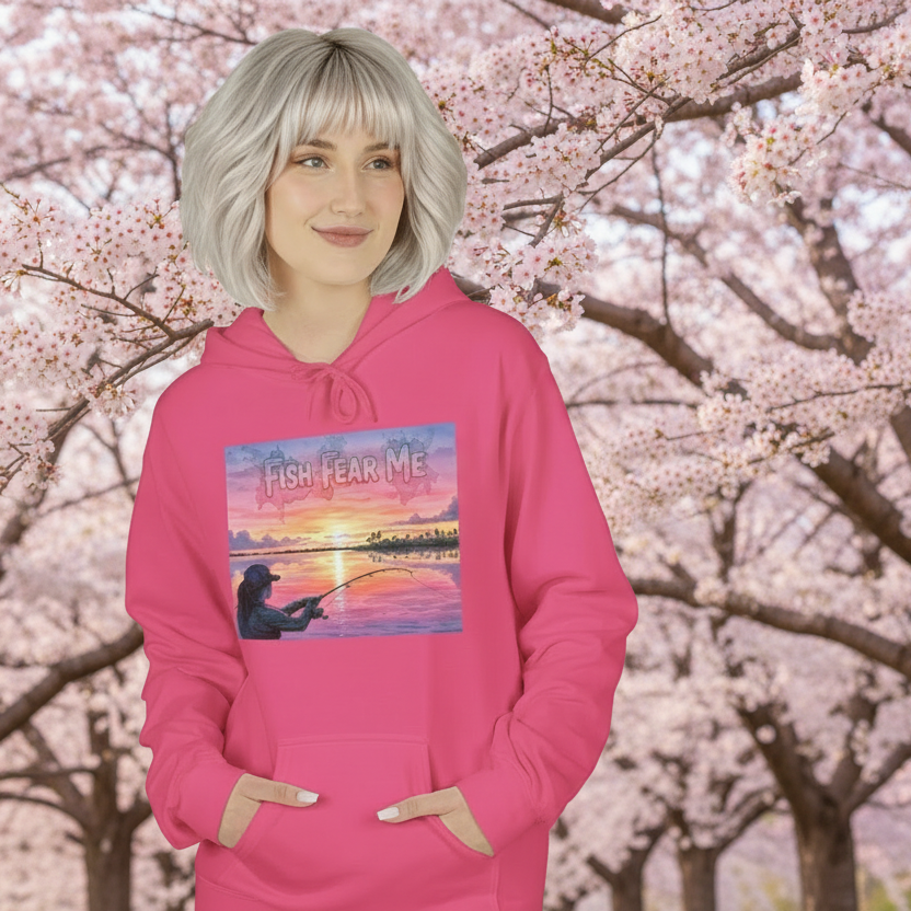 Person wearing a pink hoodie with a 'Fish Fear Me' graphic in front of cherry blossom trees.