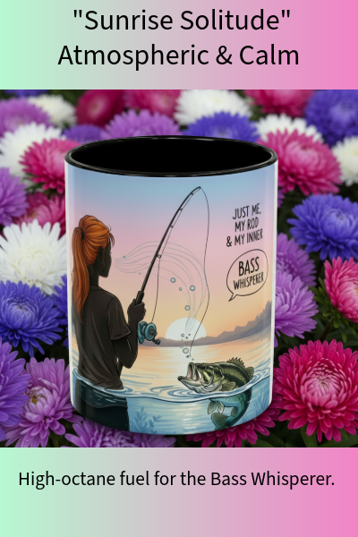 Sunrise Solitude Atmospheric & Calm Mug with fishing design and text on a colorful flower background - High Octane fuel for the Bass Whisperer.
