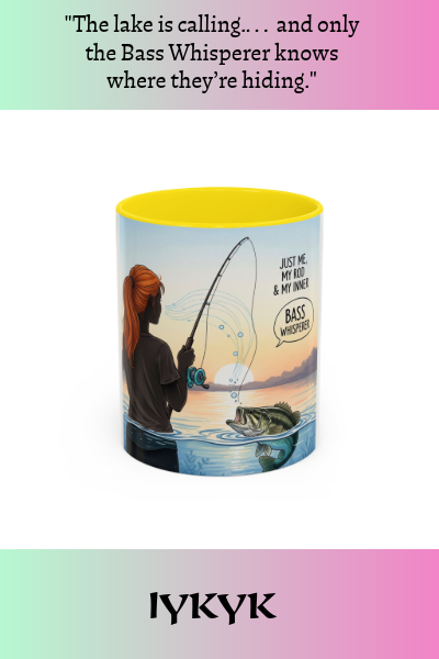Yellow version of mug IYKYK - Mug with fishing design and text 'The lake is calling... and only the Bass Whisperer knows where they're hiding.'