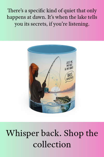 Whisper back. Shop the collection. There's a specific kind of quiet that only happens at dawn. It's when the lake tells you its secrets, if you're listening. Fishing-themed mug with a person and fish illustration on a gradient background