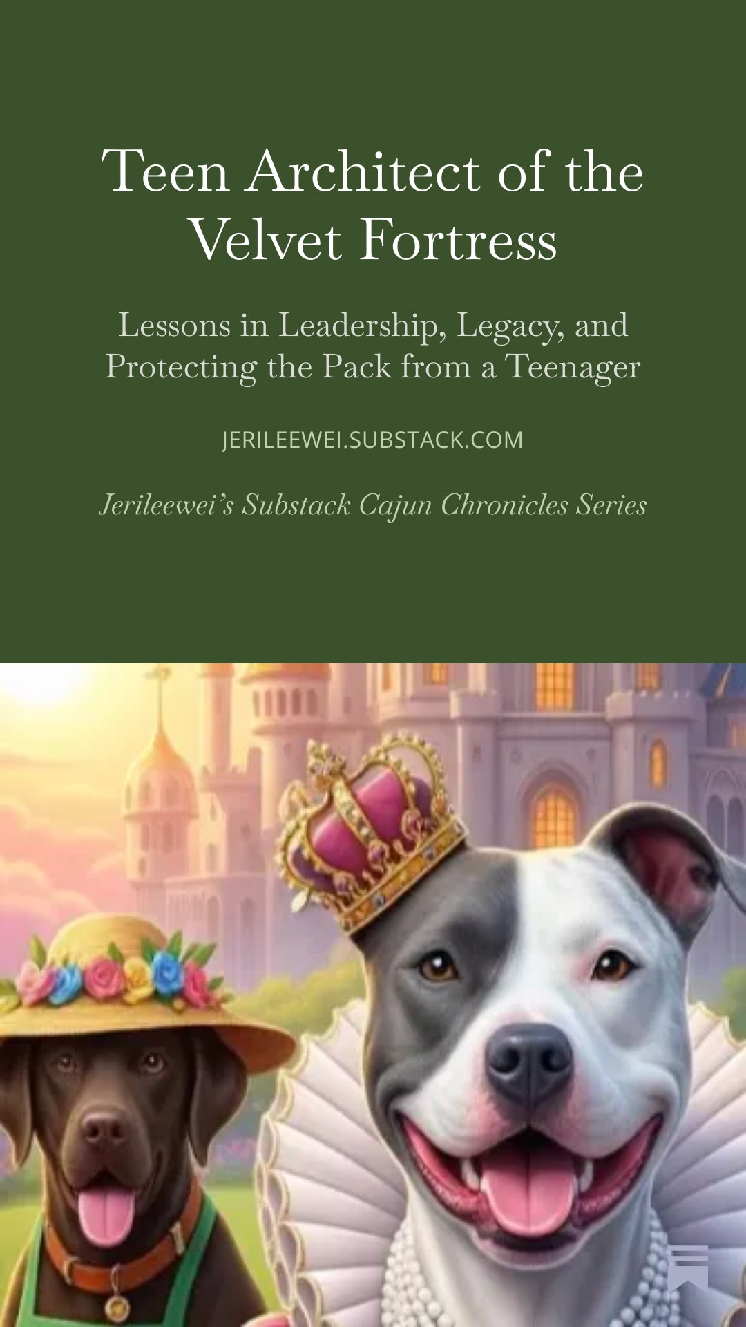 Article cover about writing of The Golden Bone: Queen June and the Royal Dog Detectives talking about lessons in leadership, legacy, and protection the Pack by it's author, featured in Substack.