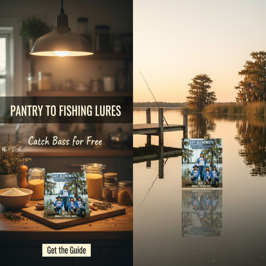 Two images: one of a kitchen with jars and a candle, the other of a lake with a fishing rod and a book titled 'Pantry to Fishing Lures'. ISBN:
9798231913480
