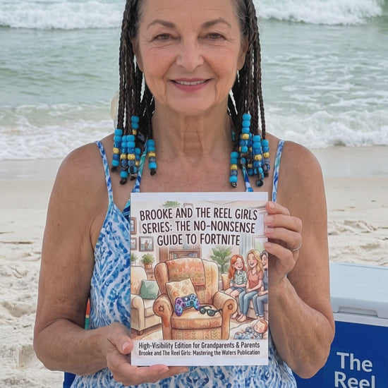 Smiling woman on a beach holding up "The No-Nonsense Guide to Fortnite" guidebook with a beach cooler beside her.