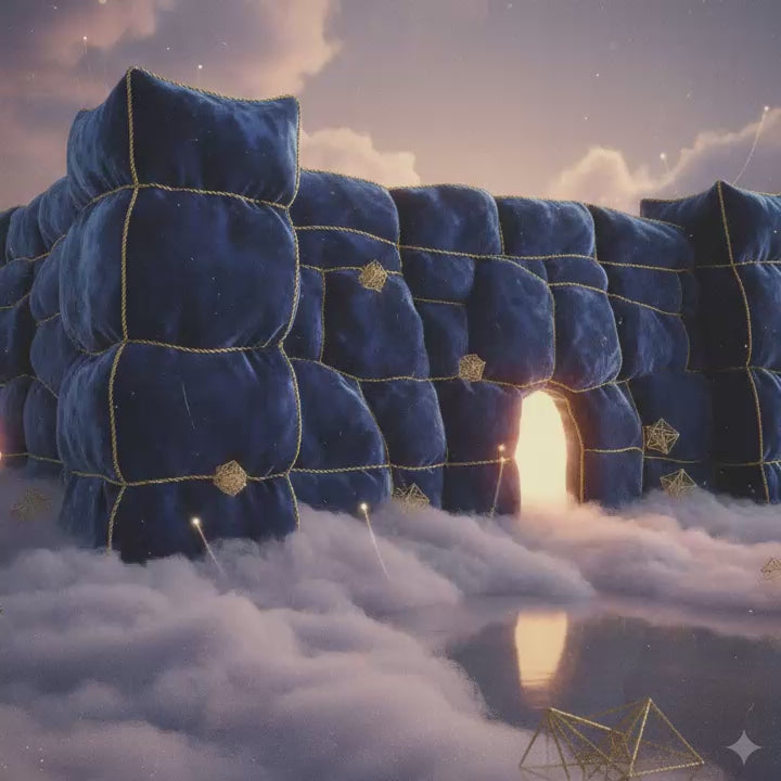 A video of a velvet fortress in the sky among the clouds and with an entrance that radiates warmth and peace.