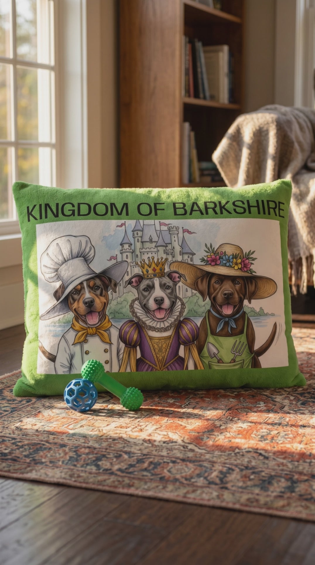 Short video of Kingdom of Barkshire pet bed with dog toys rolling on floor. 