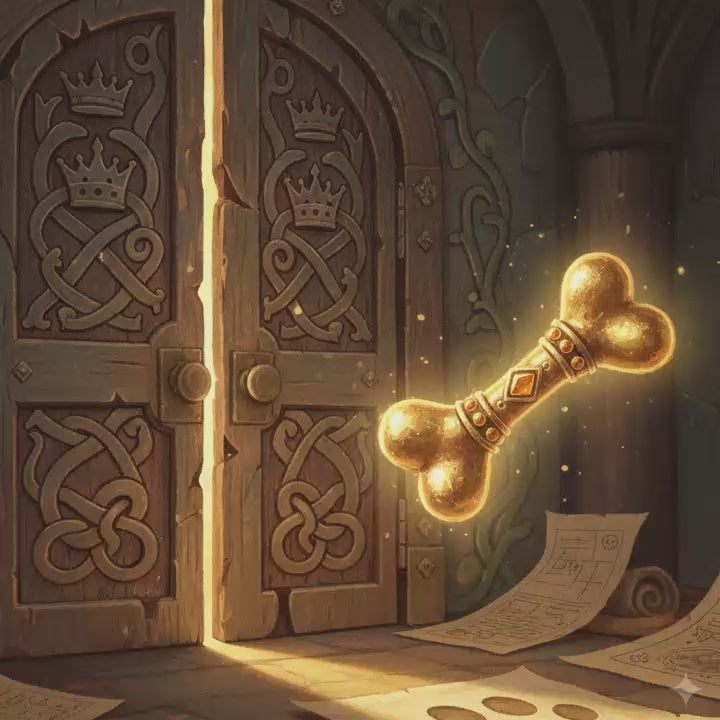 Palace ornate doors, a glowing golden Bone looking like it is leaving, and sheets of papers on the floor - the 31 sec music is a warm invitation to read the storybook.